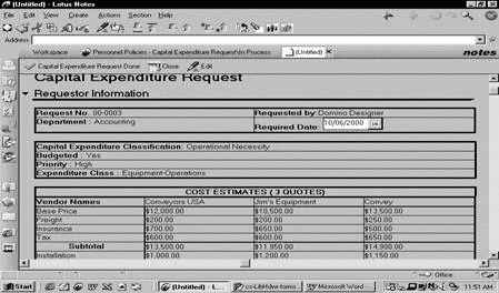 Screen shot of capital expenditure request in Lotus Notes.