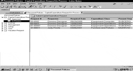 Web browser view of Lotus Notes capital expenditures request.