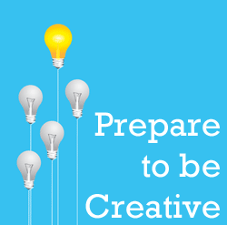Image of floating lightbulbs with text that says "prepare to be creative"