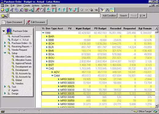 Screen shot of budget expenses shown in a drill-down format
