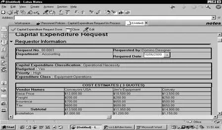 Screen shot of capital expenditure request in Lotus Notes.