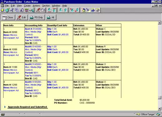 Screen shot of a purchase order in Lotus notes showing items that have been received, paid, or closed.