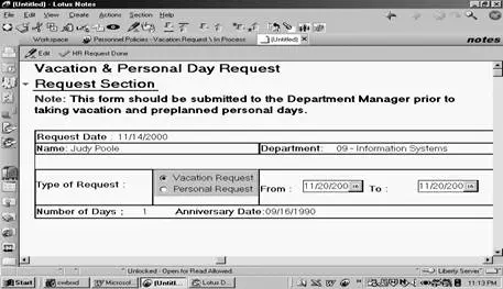 Screen shot of Lotus Notes vacation and personal day request form.