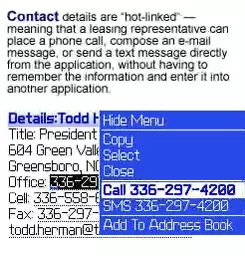 Blackberry handheld device displaying contact details with hotlinks