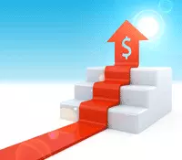 arrow moving up stairs with dollar symbol